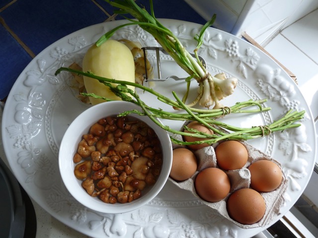 Einkäufe vom Markt: Kartoffel, wilde Zwiebeln, Pilze, Eier, wilder Spargel